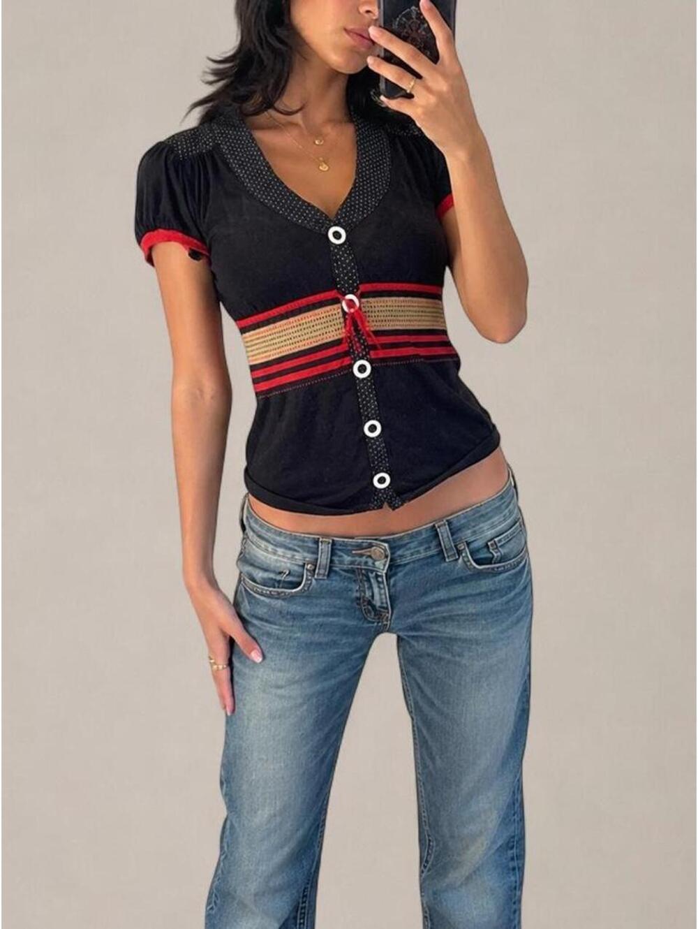 Y2K HWR Black Red Striped Button Up Top XS